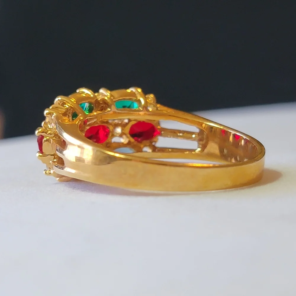 Multi-gem Gold Tone Cocktail Ring Faux Emerald Sapphire Ruby and Diamond Vintage